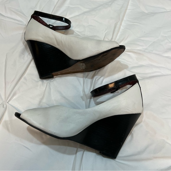 White Leather Black Ankle Strap Wedge Peep Toe Heels - Picture 4 of 7